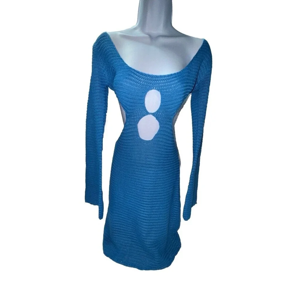 Sexy Blue Knit Dress Size Medium‎ Beach Club Party Date Crochet Cut Out Boho Hot